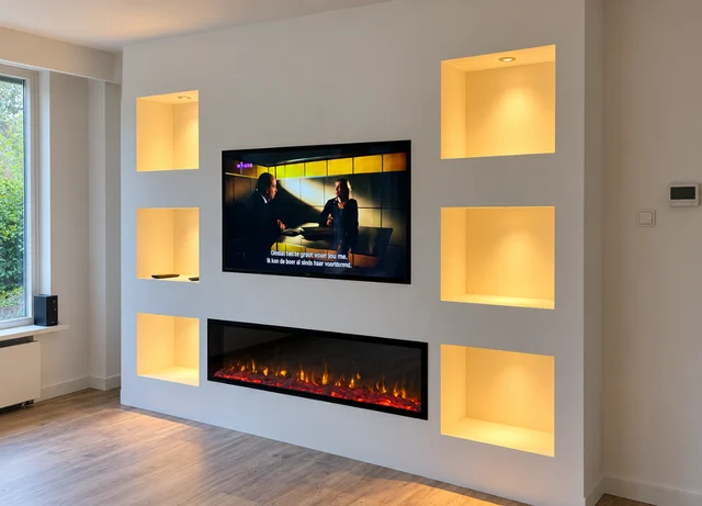 Witte cinewall met lichtnissen en elektrische haard