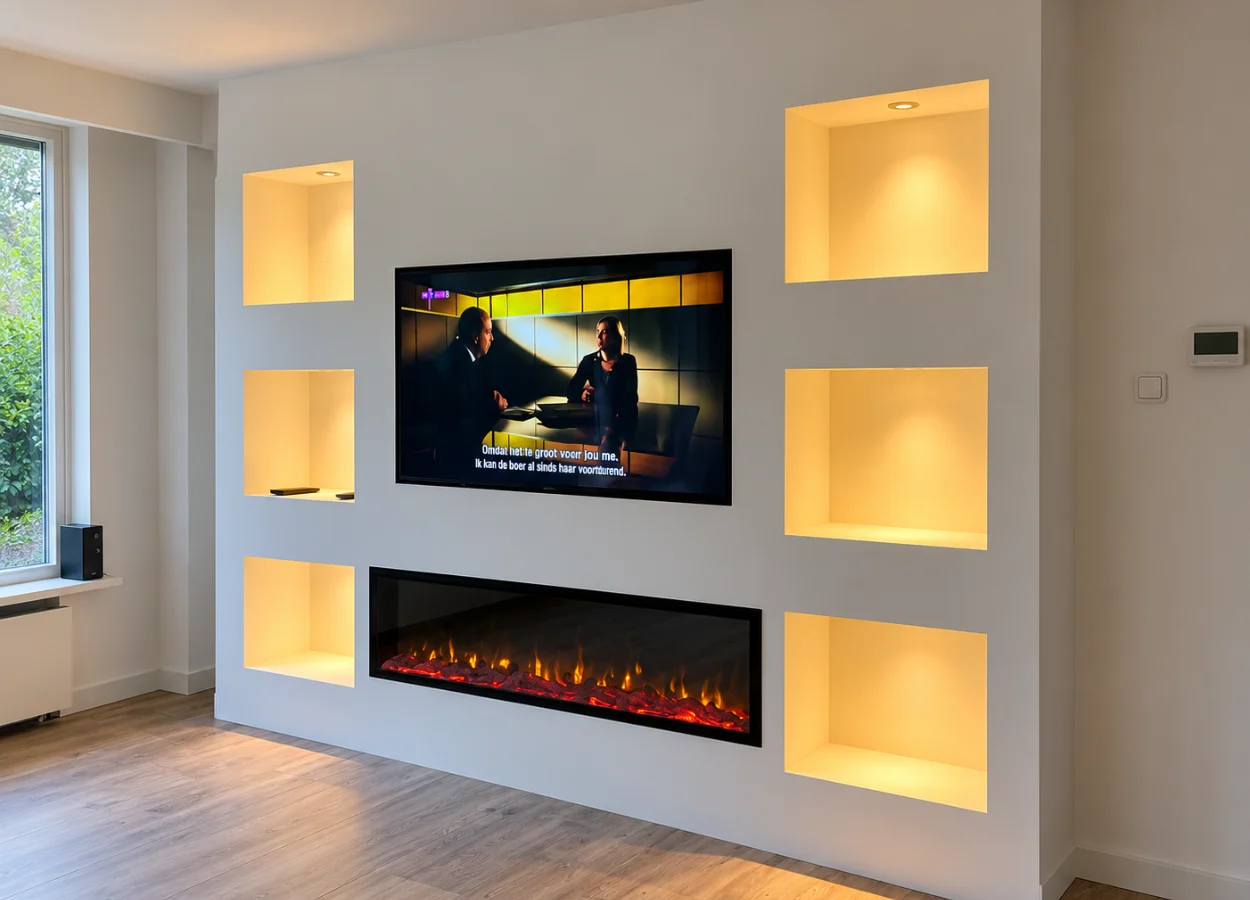 Witte cinewall met symmetrische lichtnissen en elektrische haard