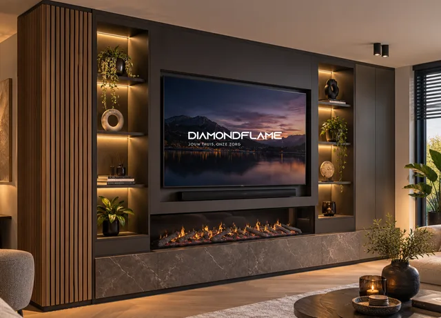 Donkere cinewall met marmerlook en verlichte planken