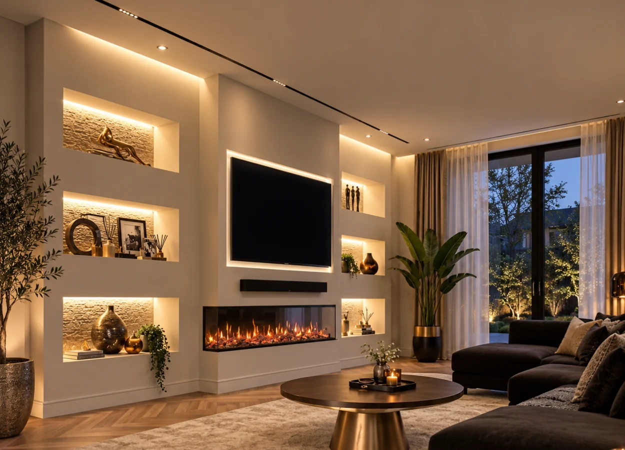 Lichte cinewall met verlichte nissen en een brede elektrische haard