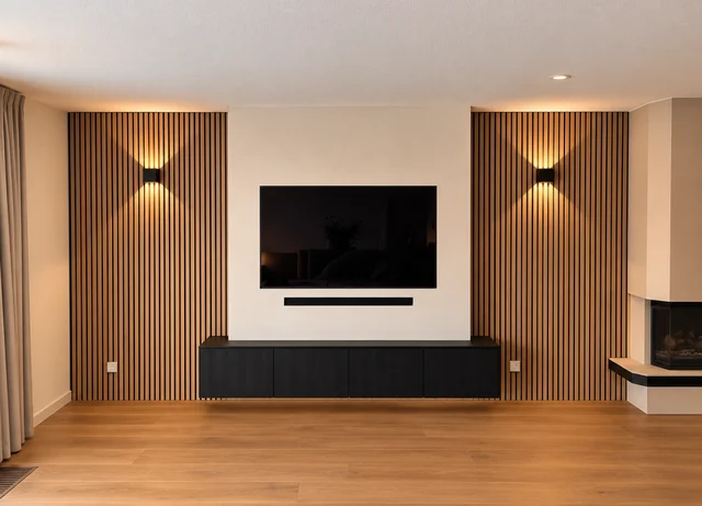 Cinewall met warme houten panelen