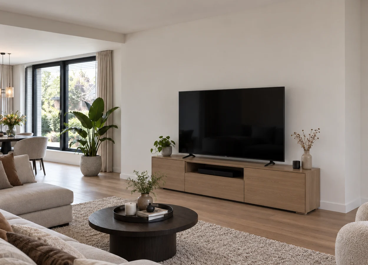 Woonkamer voor plaatsing, met een losse televisie op een tv-meubel